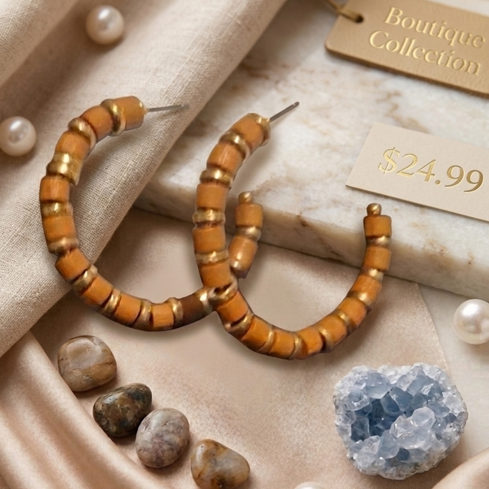 Boutique Collection Gold and Amber Beaded Hoop Earrings